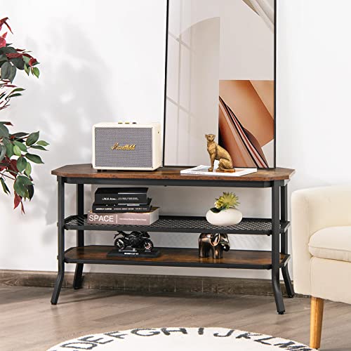 Tangkula TV Stand for TVs up to 46 Inch, 3-Tier Industrial Wooden Console Table with Mesh Grid Storage Shelf, Metal Frame, Rustic Entertainment Center for Living Room (Rustic Brown) Tangkula