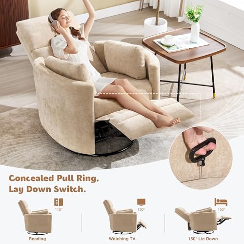 Manual Recliner 360°Swivel Glider Rocking Chair,Upholstered Nursery Adult Rocker Glider Chair with 2 Pillows for Living Room Bedroom(Khaki, Manual Operation)