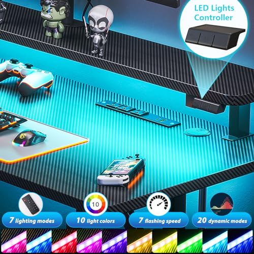 MOTPK Small Gaming Desk with LED Lights & Power Outlets, 31 Inch Computer Desk Gaming Table with Monitor Shelf, Gamer Desk with Carbon Fiber Texture, Kids Boys Desk Gift for Men MOTPK