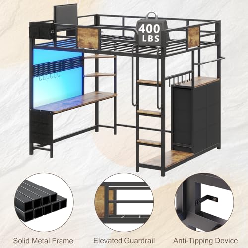 Dnxao Loft Bed with Desk Full Size,Full Size Bed Frame with 6 Storage Drawers, 2 Bedside Organizer,6 Movable Hooks,LED Lights & Charging Station,Safety Guardrail,No Box Spring Needed,Rustic Brown Dnxao