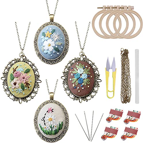 ZOCONE 4 Packs Embroidery Necklace Kits, Embroidery Pendant Kit Mini Cross Stitch Kit with 4 Hoops, Necklace, Pendant, Stamped Pattern Cloth, Instructions, etc., Embroidery Kits for Adults