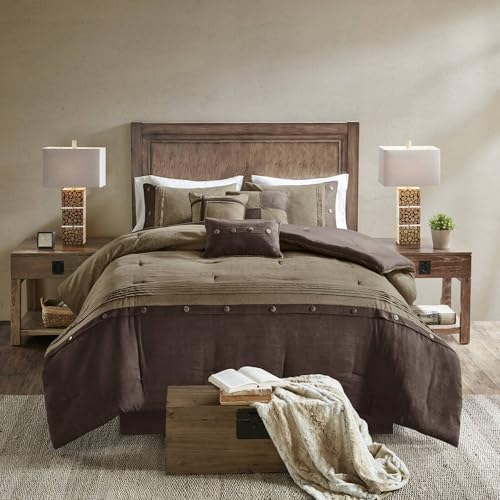 Madison Park Boone Cozy Comforter Set, Faux Suede, Deluxe Hotel Styling All Season Down Alternative Bedding Matching Shams, Decorative Pillow, Queen (90 in x 90 in), Rustic Brown 7 Piece Madison Park