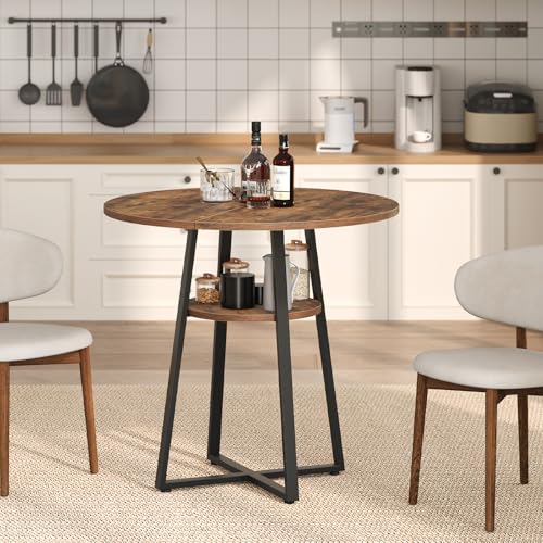 MAHANCRIS 31.5" Round Dining Table for 2-4, Farmhouse Kitchen Table with Storage Shelf, Small Circle Dining Table Space Saving, for Dining Room, Kitchen, Living Room, Rustic Brown and Black DTHR8201 MAHANCRIS