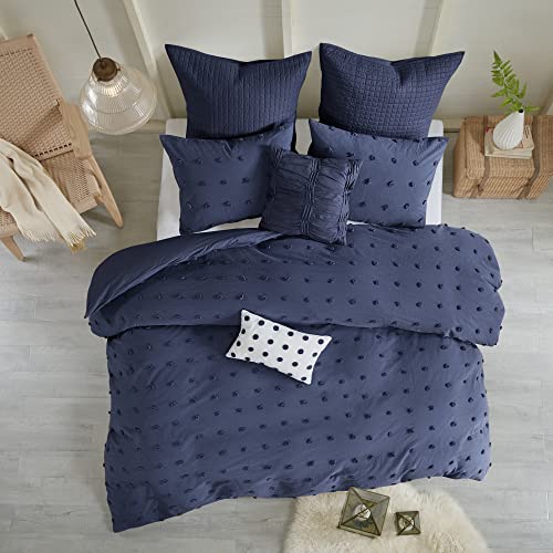 Intelligent Design Duvet Set 100% Cotton Jacquard, Tufts Accent, Shabby Chic All Season Cover for Comforter, Matching Shams, Decorative Pillows, Full/Queen (88 in x 92 in), Navy 7 Piece Intelligent Design