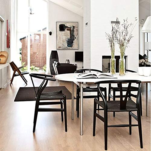 2xhome - Wishbone Solid Wood Armchair with Arms Open Y Back Farmhouse Dining Office Chair with Woven Black Seat (Black), Single, Set of 1 2xhome