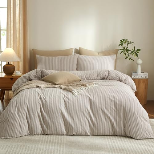 MWL Toy Striped Duvet Cover Set Full Size 3 Pcs Breathable Durable 100% Washed Cotton Comforter Cover for All Seasons Chic Linen Like Textured Bedding Set (Light Brown White Pinstripes, Full) MWL Toy