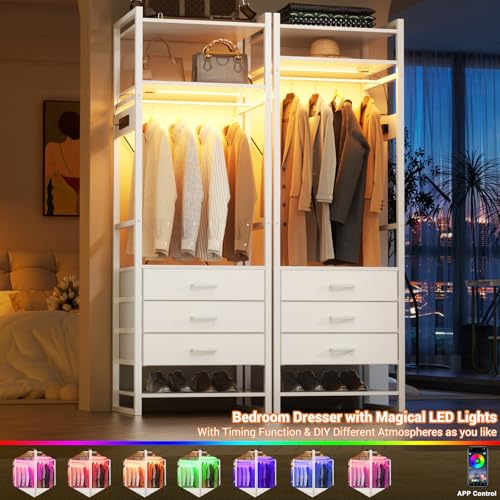 Cyclysio 75 '' Tall Garment Rack with 3 Fabric Drawers, 4-Tier Clothing Rack with Power Outlets & LED Lights, Closet System with Shoe Rack & Shelves for Small Spaces, White Cyclysio