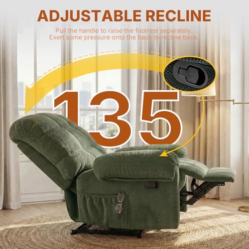 Comfy Recliner Chair for Elderly Seniors Adults, Overstuffed Manual Recliner, Ergonomic Back Pain Relief w/Pockets, Reading Apt Bedroom Living Room, Birthday Gift, Green