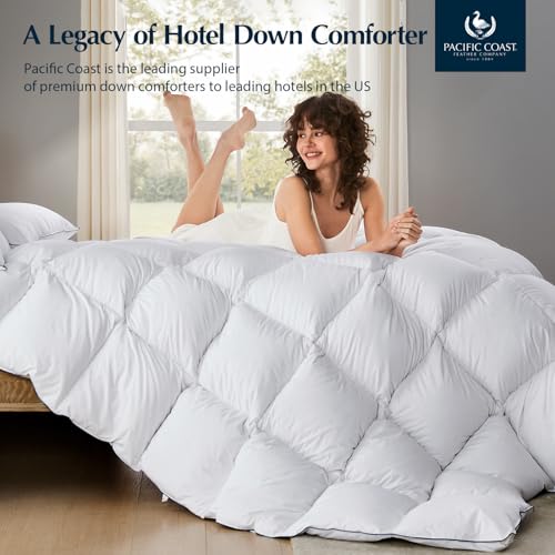 Pacific Coast Luxury White Goose Feather and Down Fiber Comforter Twin Size, All Season Fluffy Hotel Bedding Comforters, Ultra-Soft & Breathable Fabric Duvet Insert Twin with 8 Tabs, 68x90 Inch White Pacific Coast