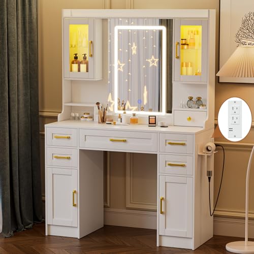 NUNU LAB Makeup Vanity Desk with Mirror and Lights, White Dressing Table with Charging Station, Makeup Vanity with RGB Cabinets and 7 Drawers RGB Cabinets, 3 LED Light Modes (043 White) NUNU LAB