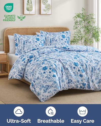 Duvet Cover Twin/TXL Size Set - Extra Soft Floral Duvet Cover 68 x 90 with 1 Pillow Sham - Comfy, Breathable Bedding Set - Hotel Luxury, Fade Free, Zipper Closures & Ties - Blue Dainty Floral CGK Unlimited