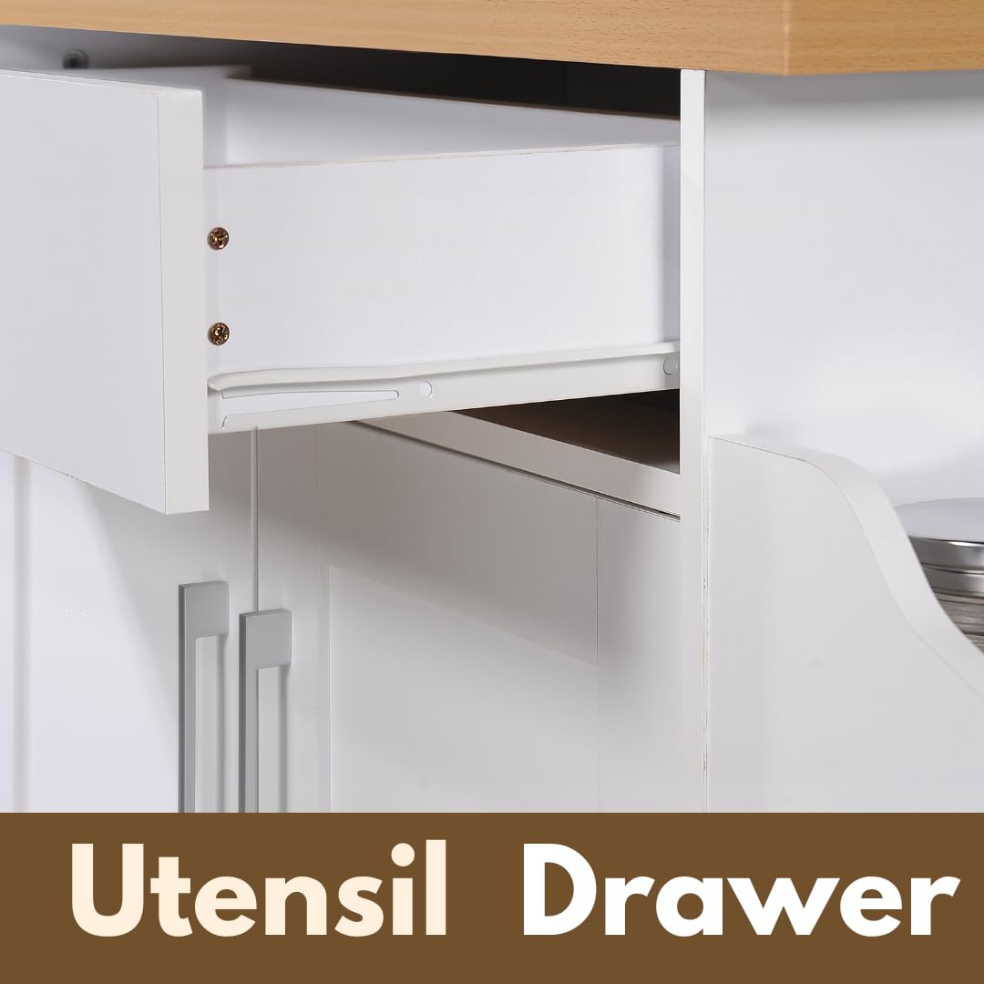 Hodedah Kitchen Island with Spice Rack, Towel Rack & Drawer, White with Beech Top, 15.5 x 35.5-44.9 x 35.2 inches Hodedah