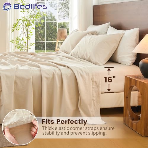Bedlifes 100% French Pure Linen Sheets Queen Size Breathable and Cooling Flax Sheet Set Soft Durable and Moisture Wicking 16 Inch Deep Pocket-4 Piece(Queen,Linen) Bedlifes