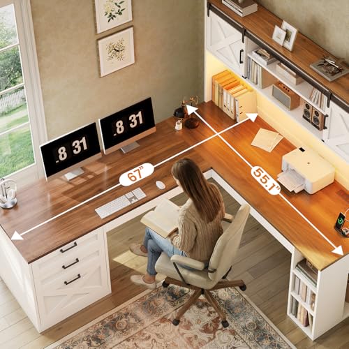 SEDETA 67" Farmhouse L Shaped Desk with Hutch, Home Office Desks with Drawers & Sliding Doors, Corner Computer Desk with Storage Shelves & Power Outlets, Executive Desk with LED Lights, White SEDETA