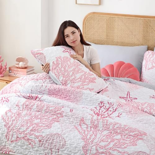weigelia Coastal Quilts Bedding Set Twin Size - Pink Summer Nautical Bedding Quilt with Pillow Cases, Beach Reversible Quilt Set Bedspreads Coverlet Soft Lightweight Comforter weigelia