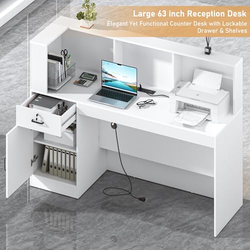 63" Reception Desk with LED Lights Power Outlets,L-Shaped Modern Front Table Reception Room Table with Cable Grommet,Lockable Drawers,Retail Checkout Counter for Lobby,Salon,Home Office Desk,White