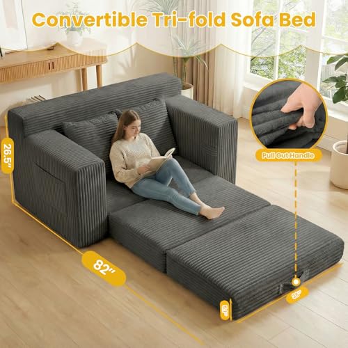 Boneless Loveseat Sleeper Sofa Bed: 3-in-1 Convertible Sofa Bed with Side Pockets & Handle,Pull Out Couch with 2 Pillows,Folding Futon for Small Space,Living Room & Bedroom,Corduroy Fabric,No Assembly Winzoo