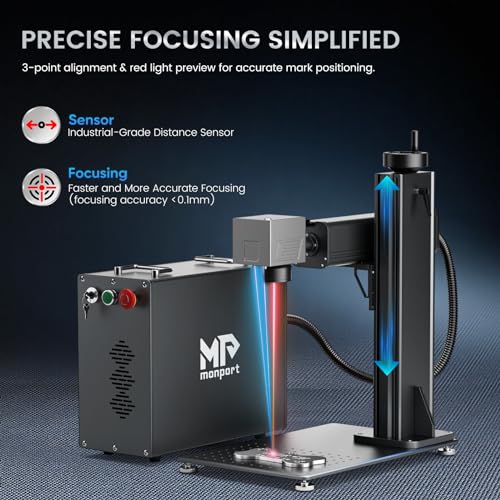 Monport 60W Fiber Laser Engraver Compatible with Lightburn, MOPA Color Marking Laser Marking Machine with 6.9" x 6.9" Lens Red Dot Guide Manual Focus for Metal Aluminum Gold Steel More Monport