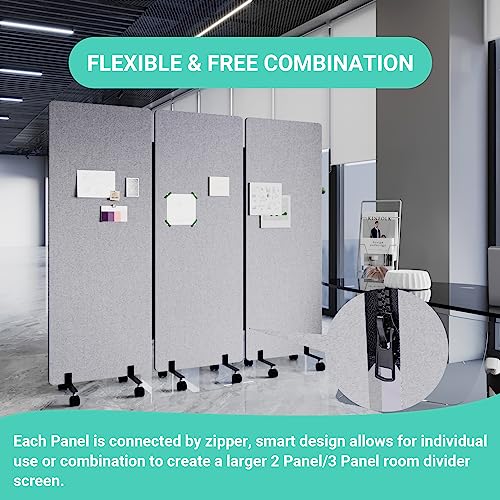 Soundproof Room Divider with Wheels, 66in Office Dividers for Sound Proofing & Reducing, 3 Panel Sound Proof Dividers for Office Partitions Portable Temporary Wall Acoustic Wall Divider,Light Grey YASRKML