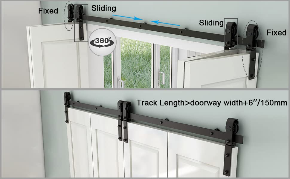 CCJH 8FT/96'' Bi-Folding Barn Door Hardware Sliding Track kit Heavy Duty for 4 Doors(No Wood Door,Hardwware Only) CCJH
