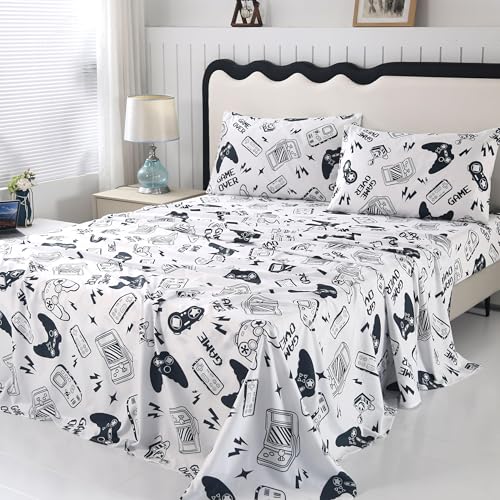 SDIII 4PCS Black and White Gamer Bedding Sheet Sets for Boys Girls Teens and Kids, Bed in a Bag Full Sheet Set, Video Game Bed Sheet Set on Amazon, Full SDIII