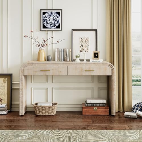 VilroCaz Unique Retro Curved Console Table with 2 Top Drawers, Versatile 59'' Long Accent Entryway Table Sofa Table for Entrance, Dinning Room, Living Room (Natural-C5) VilroCaz