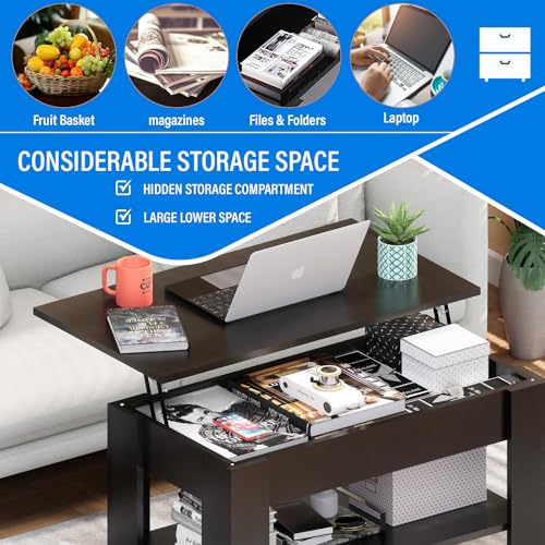 MGHH Lift Top Coffee Table with Hidden Storage Compartment & Open Shelves, 39" Rising Tabletop Table for Living Dining Room,Black MGHH