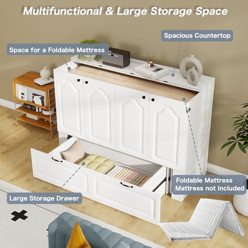 Jotirxe Full Size Murphy Bed with Storage & Charging Station, Modern Cabinet Bed with Foldable Platform, Hideaway Beds with Drawers for Small Spaces, Office, Guest Room, White Jotirxe