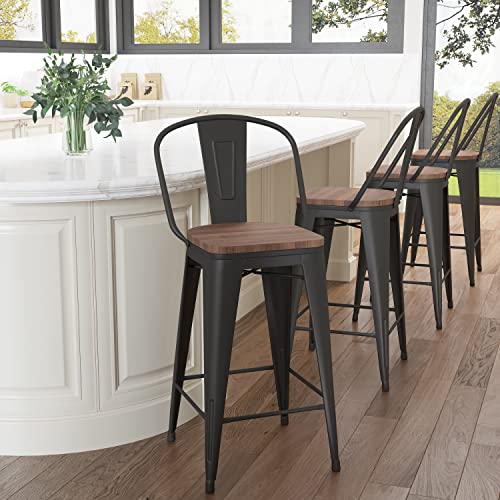 Aklaus Metal Bar Stools Set of 4,26 inch Barstools Counter Height Bar Stools with Backs Farmhouse Bar Stools with Larger seat High Back Kitchen Dining Chairs Modern Bar Chairs Matte Black Stool Aklaus