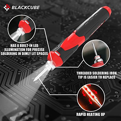 BLACKCUBE 4V Cordless Soldering Iron, Soldering Kit with 2000mAH Rapid Heat Lithium-Ion Battery and Solder Tips, LED Spotlight & Rechargeable Soldering Iron Kit, Professional Portable Welding Tool BLACKCUBE