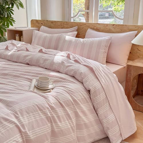 BESTDESIL Pink Striped Duvet Cover Set 100% Washed Cotton Linen Like Super Soft Chic Bedding Set 3 Pcs Greyish Pink-White Full BESTDESIL