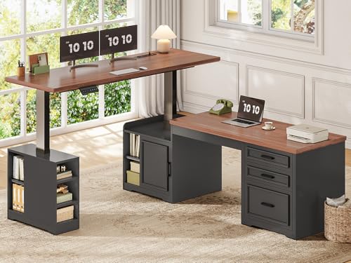 SEDETA Farmhouse L Shaped Electric Standing Desk, 63" x 67" Height Adjustable Home Office Executive Desk with Drawers and Shelves, Standing Computer Desks with Power Outlet for Home Office, Black SEDETA