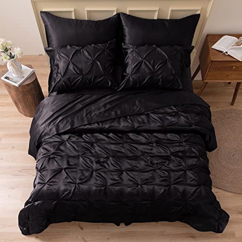 MR&HM Satin Comforter Full 7 Pieces - Luxurious Pinch Pleat Bedding Set with Comforter, Flat Sheet, Fitted Sheet, Pillowcases & Shams, Super Silky Soft Bed Set for All Season (Full, Black) MR&HM