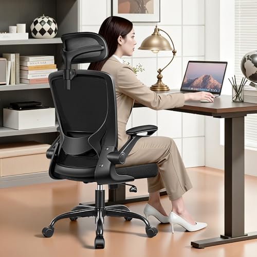 BESTFAIR Ergonomic Office Desk Chair Comfy, High Back Mesh Office Desk Chairs with Adjustable Lumbar Support, Headrest, Flip-up Armrests, Home Computer Chair for Gaming, Work, Black BESTFAIR
