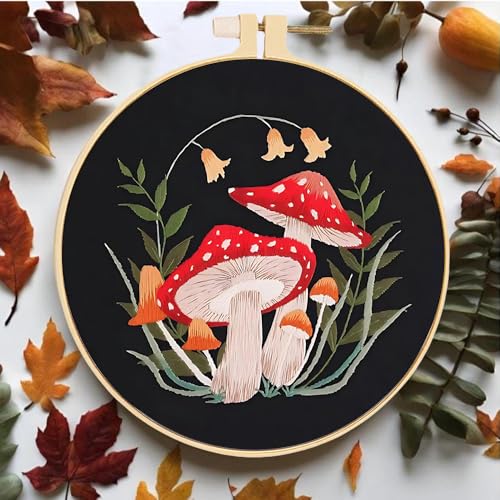 Huacan Embroidery Kit for Beginners Adults Includes Stamped Flower Pattern, Hoop, Color Threads,Tools,Easy to Follow Instruction (Mushroom)