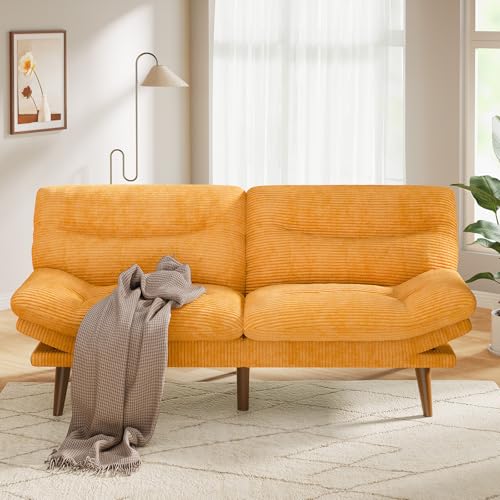 Pipishell Futon Sofa Bed, Modern 66" Futon Couch Convertible to Bed & Lounger, Compact Size, Corduroy Loveseat, Durable Construction - Fits Small Spaces, Apartments,Study Room (Yellow, 66 Inch) Pipishell