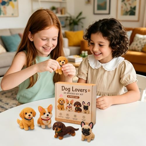 DIY Dog Bead Embroidery Kit, 4pcs 3D Dog Beading Crafts with Instructions, Cute Bead Art for Adults, Handmade Gift for Craft Enthusiasts