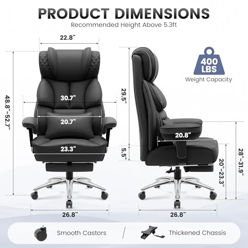 BestGlory Office Desk Chair, Big and Tall Leather Gaming Chair with Footrest, Wide Ergonomic Comfy Executive High-Back Reclining Computer Chairs, Swivel Rolling Wheels and Padded Lumbar Support, Black BestGlory