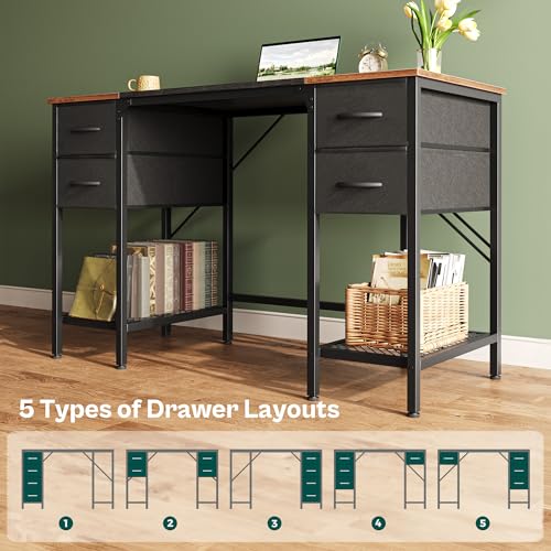 Huuger 47 Inch Computer Desk with 4 Drawers, Office Desk with Mesh Shelf, Gaming Desk, Large Storage, Writing Desk Work Desk for Home Office, Study, Bedroom, Work from Home, Rustic Brown and Black Huuger