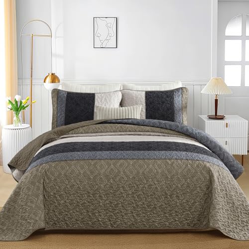 Cottolester Quilt Set Queen Size 3 Pieces,Striped Plaid Bedspread Coverlet Set,Taupe Boho Bedding Set Soft Microfiber Bedding Set with 2 Pillow Shams 96"x90" Cottolester