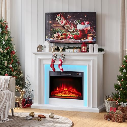 44 Inches LED Lights Electric Fireplace with Mantel, White Tall Fire Place Heater Freestanding, Delicate Three-Dimensional molding with Remote Control Timer LED Flame for Living Room, Bedroom BOSHIRO