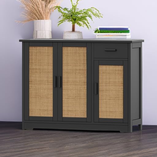 Irontar Kitchen Storage Cabinet, Sideboard Buffet Cabinet with Rattan Doors, Farmhouse Console Table with Drawer, Coffee Bar, Accent Table for Kitchen, Living Room, Hallway, Black and Natural CWG010BM Irontar