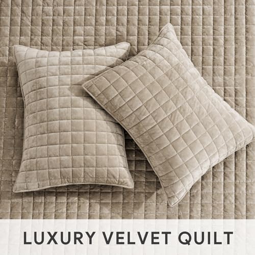 RECYCO Luxury Velvet Quilt Set King Size Bedding Sets, Ultra Soft Velvet Comforter Set, Lightweight Channel Box Stitch Oversized Bedspread Coverlet for All Season, with 2 Shams, Urban Taupe RECYCO