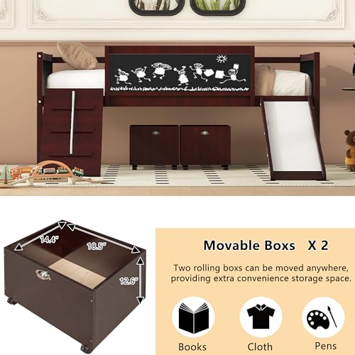 Twin Size Low Loft Bed with Slide and 2 Storage Boxes,Kids Low Loft Bed Frame with Climbing and Chalkboard,Solid Loft Bed Twin for Boys,Girls,Espresso Bellemave