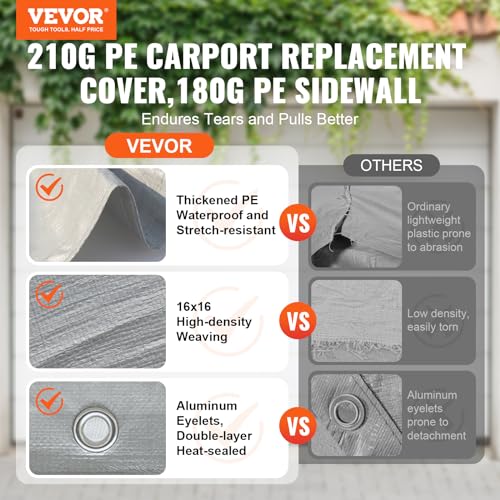 VEVOR Carport Replacement Canopy Cover Top + Side Wall 12 x 20 ft, Garage Tent Shelter Tarp Heavy-Duty Waterproof & UV Protected, Easy Installation with Ball Bungees,Grey (Frame Not Included) VEVOR