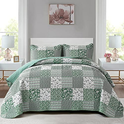 Mybedsoul Sage Green Boho King Quilt Set, 3-Piece Reversible Soft Plaid Floral Bedding Set with 2 Pillow Shams - Sage Green King Size Quilt Bedspread Coverlet Set 90"x104"