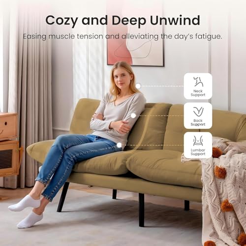 63" Convertible Futon Sofa Bed,Comfy Velvet Cloud Couch Bed with 4 Reclining Backrest,Modern Small Sleeper Loveseat for Living Room Home Office (Brown) Majnesvon