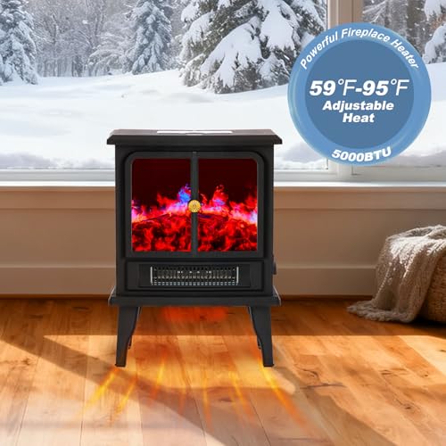 DUMOS 19” Freestanding Electric Fireplace Heater, Electric Fireplace Stove with Adjustable 3D Flame Effect, Stove with Safety Features & Easy Control, Small Corner Heater for Home Office, Inky DUMOS