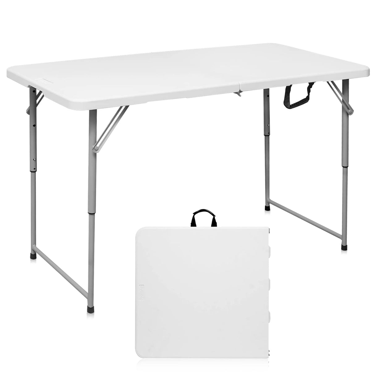 Byliable Folding Table 4 Foot Portable Heavy Duty Plastic Fold-in-Half Utility Table Small Indoor Outdoor Adjustable Height Folding Table with Carrying Handle, Camping and Party,White Byliable