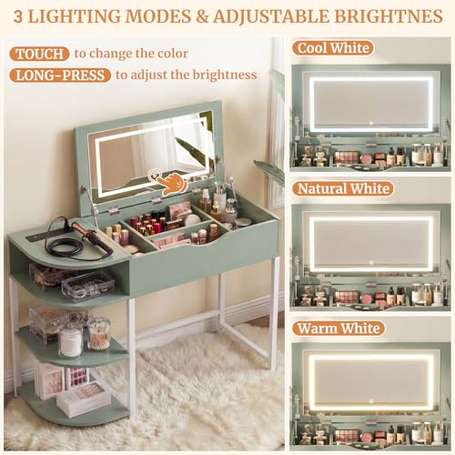 Cyclysio Vanity Desk with Flip Top Mirror and Lights, Makeup Vanity Desk with Drawers, Dressing Table with Storage Shelves & Charging Station, Small Vanity for Small Spaces, Green Cyclysio